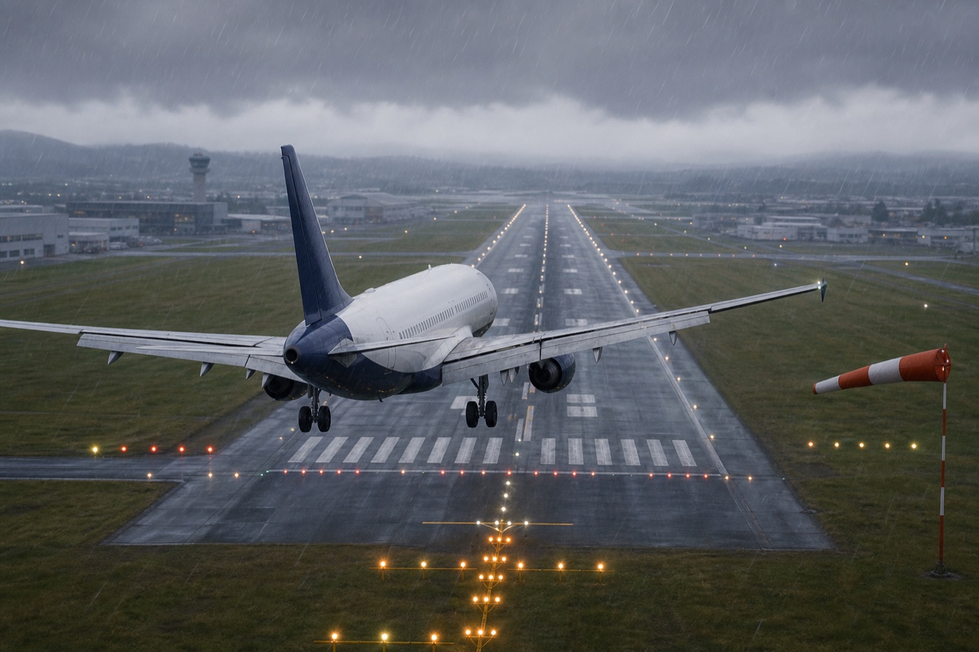 雨天の横風下で最終進入する旅客機